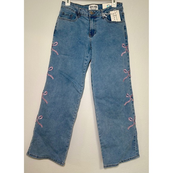 Gogo Jeans Wide Leg Women Size 7/28 Blue New Pink Bow Embroidered Mid-Rise - Picture 2 of 7